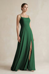 Dark Green A-Line Chiffon Spaghetti Strap Bridesmaid Dress | KISSBRIDAL
