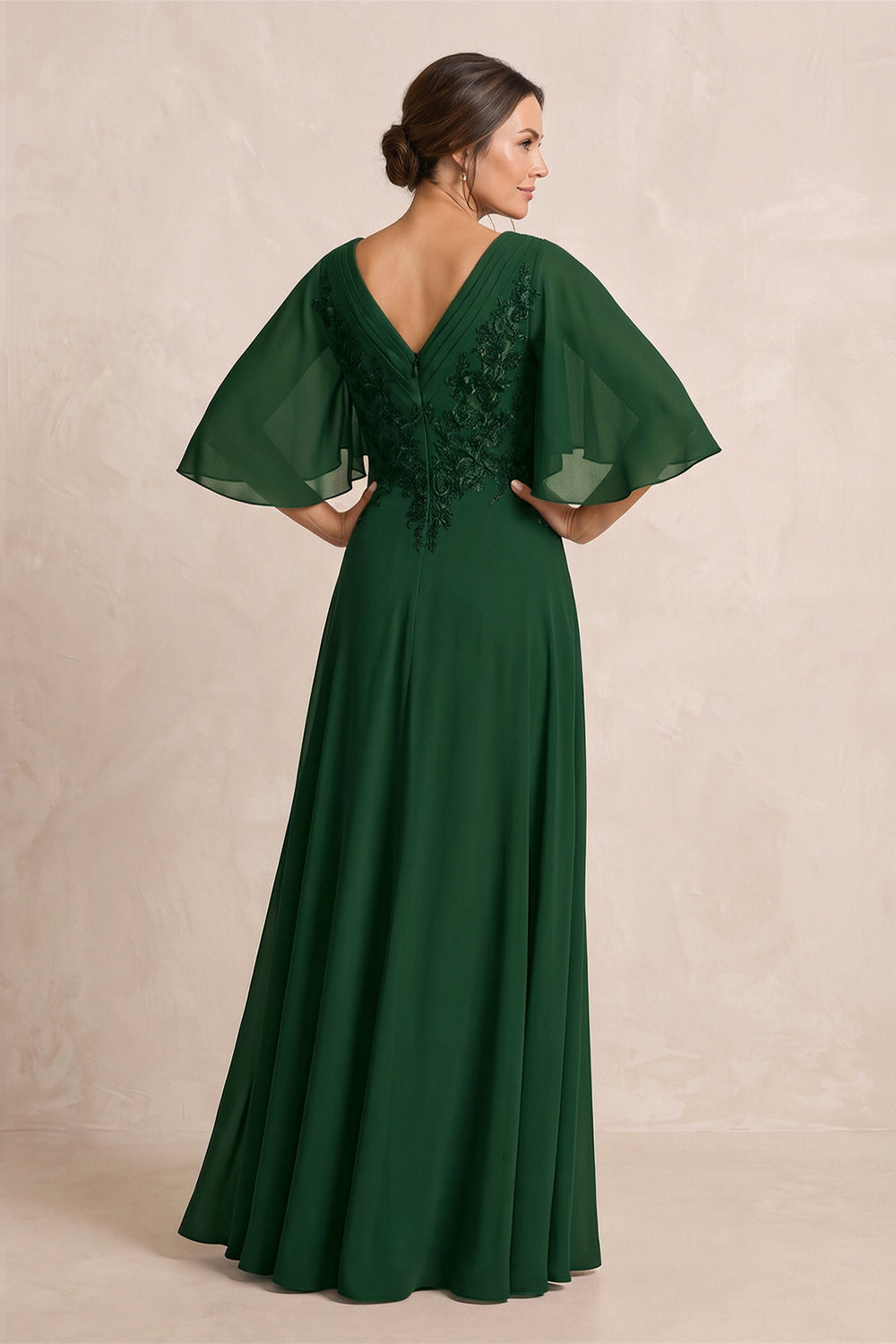 Dark Green A-Line Embroidered Chiffon Mother of the Bride Dress With Sleeves