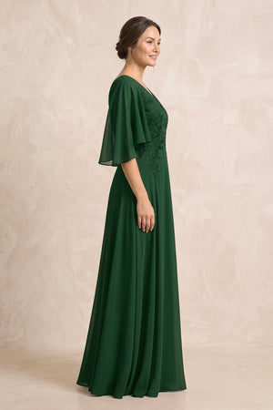 Dark Green A-Line Embroidered Chiffon Mother of the Bride Dress With Sleeves (3) | KISSBRIDAL