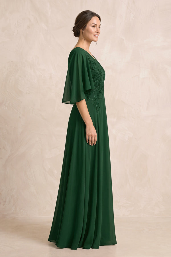 Dark Green A-Line Embroidered Chiffon Mother of the Bride Dress With Sleeves (3) | KISSBRIDAL