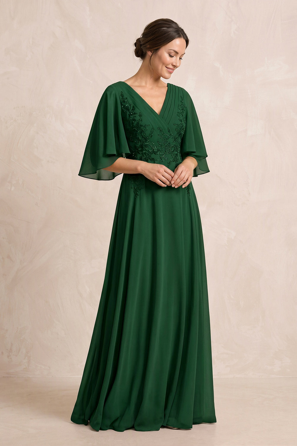 Dark Green A-Line Embroidered Chiffon Mother of the Bride Dress With Sleeves
