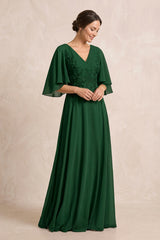 Dark Green A-Line Embroidered Chiffon Mother of the Bride Dress With Sleeves | KISSBRIDAL