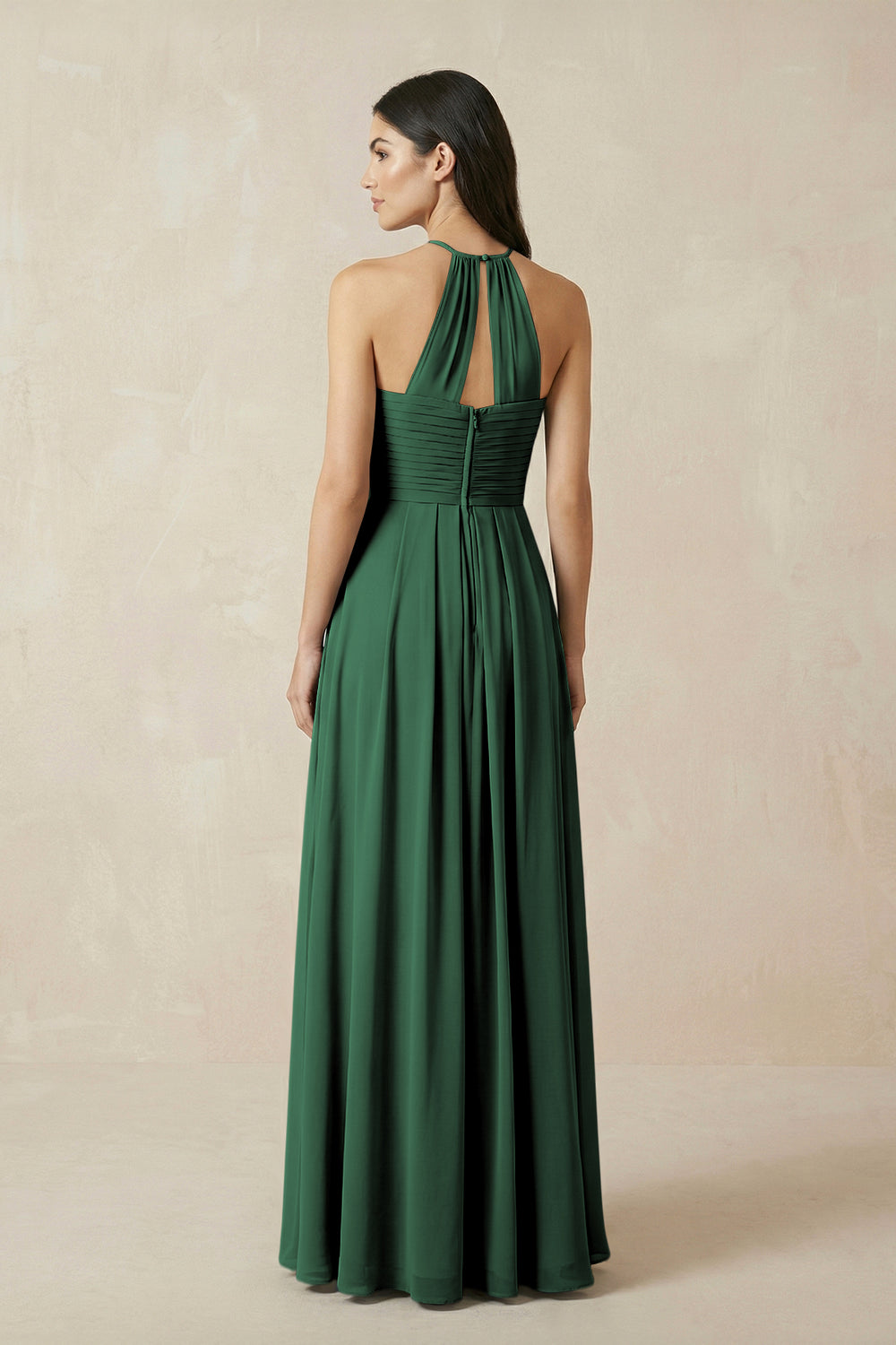 A-Line Halter Neck Pleated Chiffon Bridesmaid Dress in Dark Green