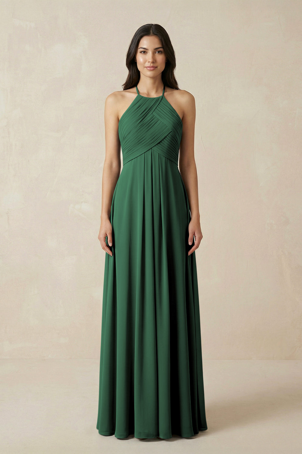 A-Line Halter Neck Pleated Chiffon Bridesmaid Dress in Dark Green