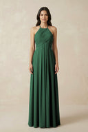 Dark Green A-Line Halter Neck Pleated Chiffon Bridesmaid Dress | KISSBRIDAL