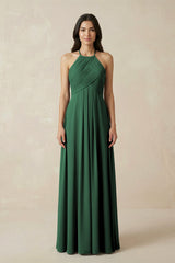 Dark Green A-Line Halter Neck Pleated Chiffon Bridesmaid Dress | KISSBRIDAL