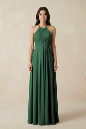 Dark Green A-Line Halter Neck Pleated Chiffon Bridesmaid Dress | KISSBRIDAL