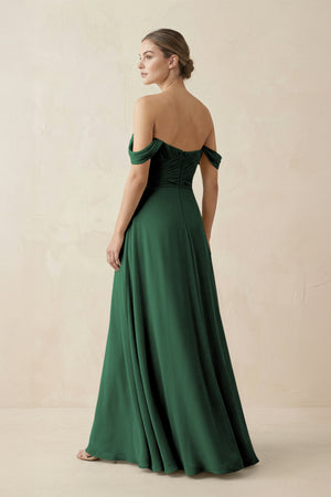 Dark Green A-Line Off-the-Shoulder Chiffon Bridesmaid Dress (2) | KISSBRIDAL