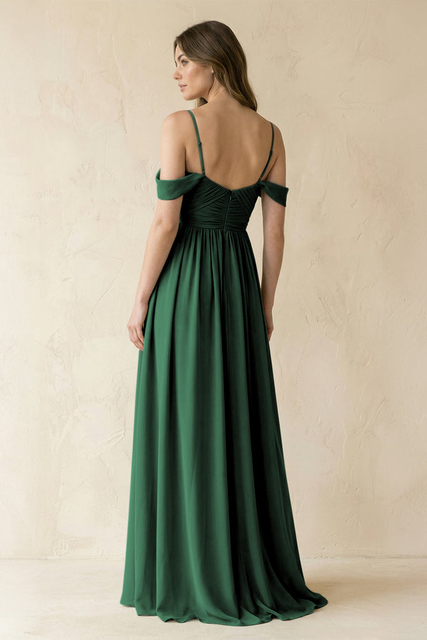 Dark Green A-Line Off-the-Shoulder Pleated Chiffon Bridesmaid Dress (2) | KISSBRIDAL