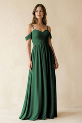 Dark Green A-Line Off-the-Shoulder Pleated Chiffon Bridesmaid Dress | KISSBRIDAL