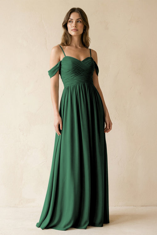 Dark Green A-Line Off-the-Shoulder Pleated Chiffon Bridesmaid Dress | KISSBRIDAL