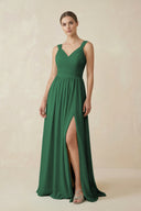 Dark Green A-Line Pleated Chiffon Long Bridesmaid Dress | KISSBRIDAL