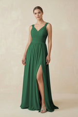 Dark Green A-Line Pleated Chiffon Long Bridesmaid Dress | KISSBRIDAL