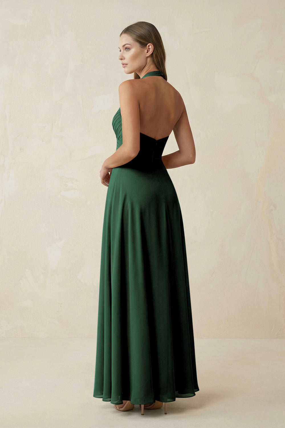 A-Line Pleated Chiffon V-Neck Bridesmaid Dress in Dark Green