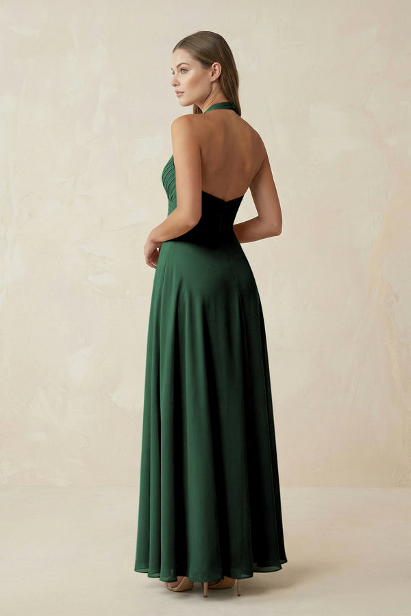 Dark Green A-Line Pleated Chiffon V-Neck Bridesmaid Dress (2) | KISSBRIDAL