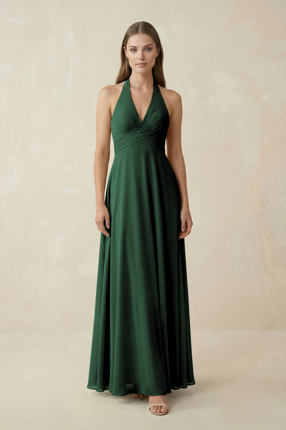 A-Line Pleated Chiffon V-Neck Bridesmaid Dress in Dark Green