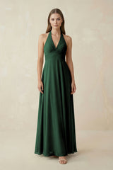 Dark Green A-Line Pleated Chiffon V-Neck Bridesmaid Dress | KISSBRIDAL