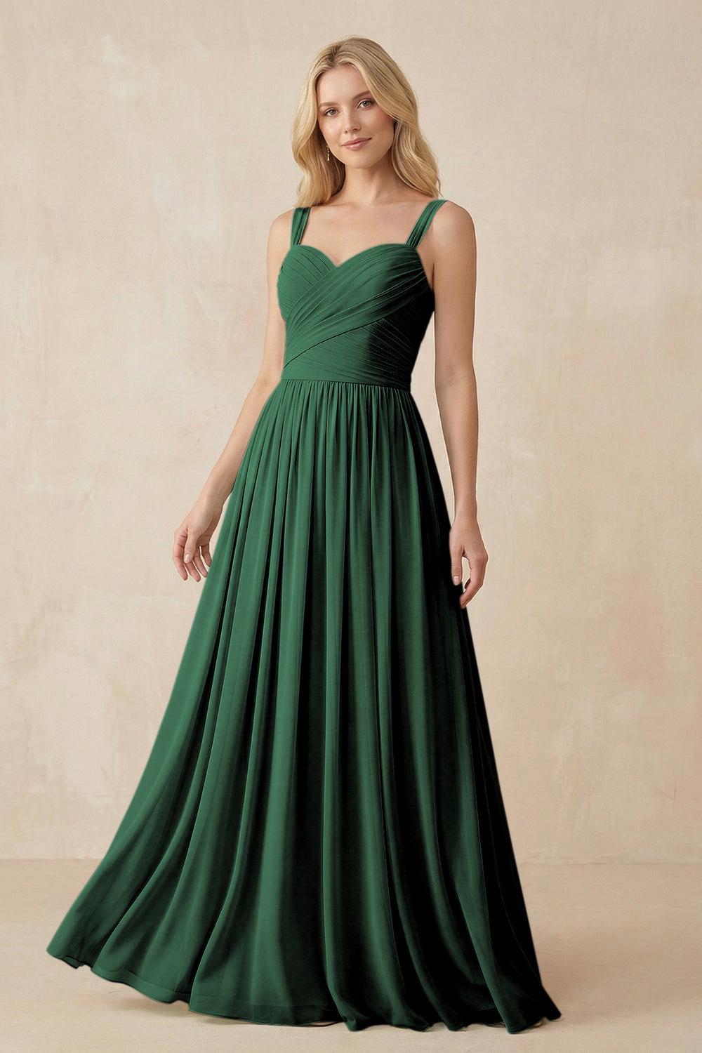 A-Line Pleated Long Chiffon Bridesmaid Dress in Dark Green