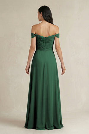 Dark Green A-Line Pleated Off-the-Shoulder Chiffon Bridesmaid Dress (2) | KISSBRIDAL
