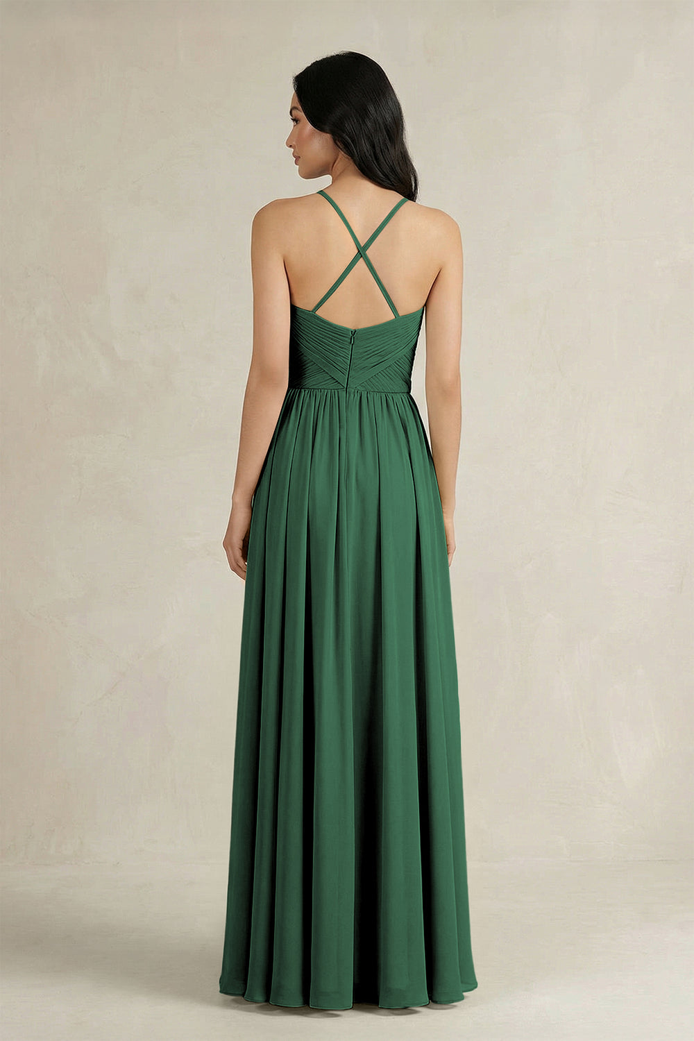 A-Line Pleated Spaghetti Strap Chiffon Bridesmaid Dress in Dark Green