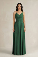 Dark Green A-Line Pleated Spaghetti Strap Chiffon Bridesmaid Dress | KISSBRIDAL
