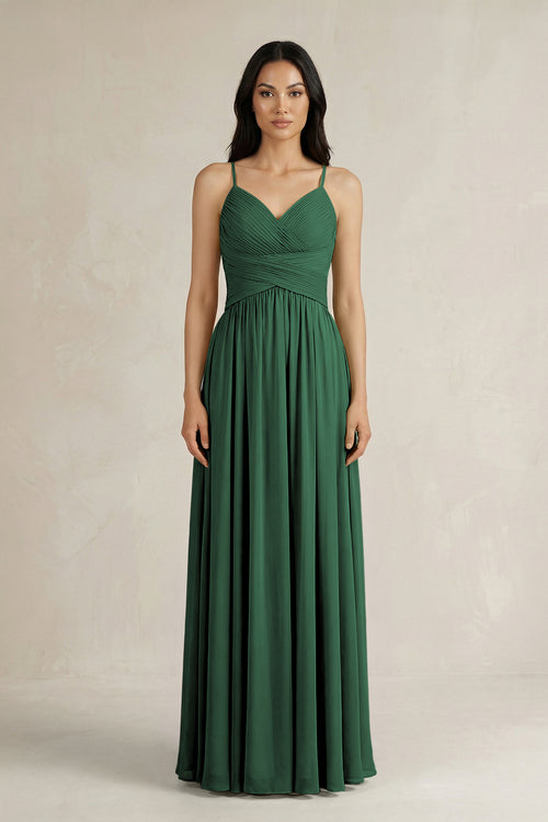 Dark Green A-Line Pleated Spaghetti Strap Chiffon Bridesmaid Dress | KISSBRIDAL