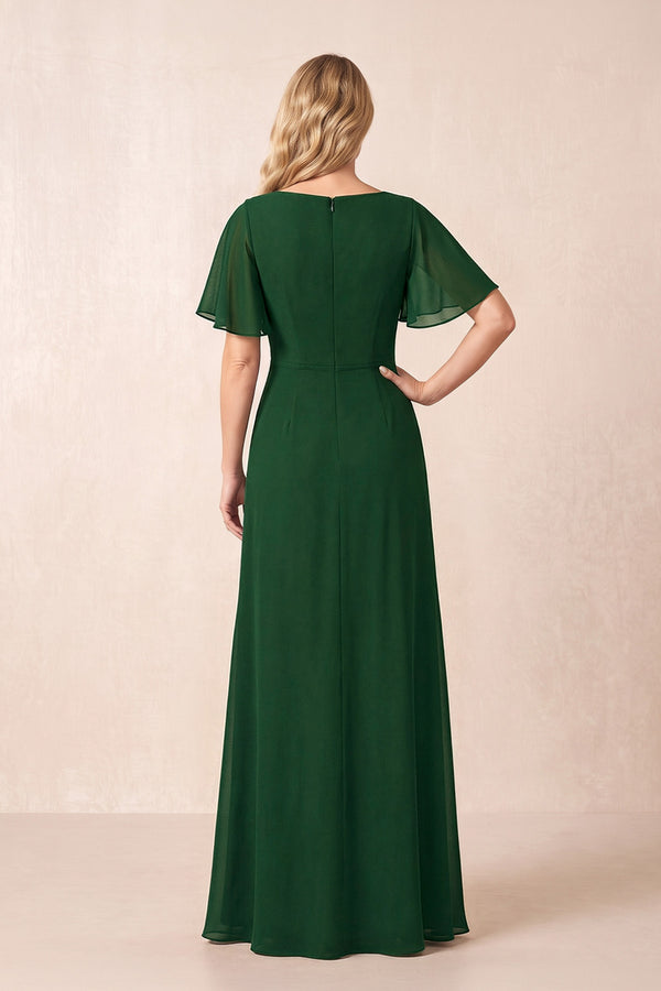 Dark Green A-Line Ruched Chiffon Mother of the Bride Dress with Ruffled Sleeves (2) | KISSBRIDAL