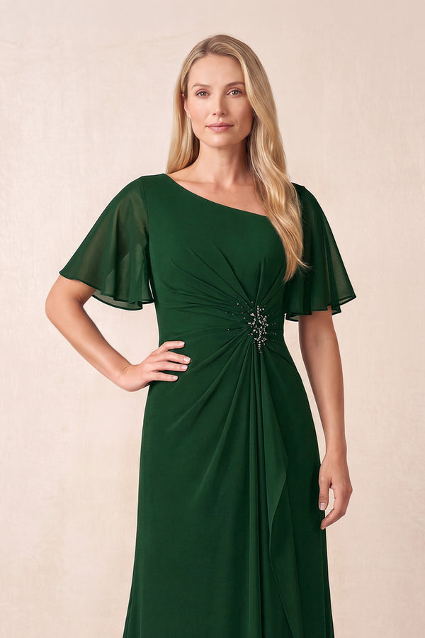 Dark Green A-Line Ruched Chiffon Mother of the Bride Dress with Ruffled Sleeves (3) | KISSBRIDAL