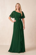 Dark Green A-Line Ruched Chiffon Mother of the Bride Dress with Ruffled Sleeves | KISSBRIDAL