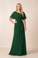 Dark Green A-Line Ruched Chiffon Mother of the Bride Dress with Ruffled Sleeves | KISSBRIDAL