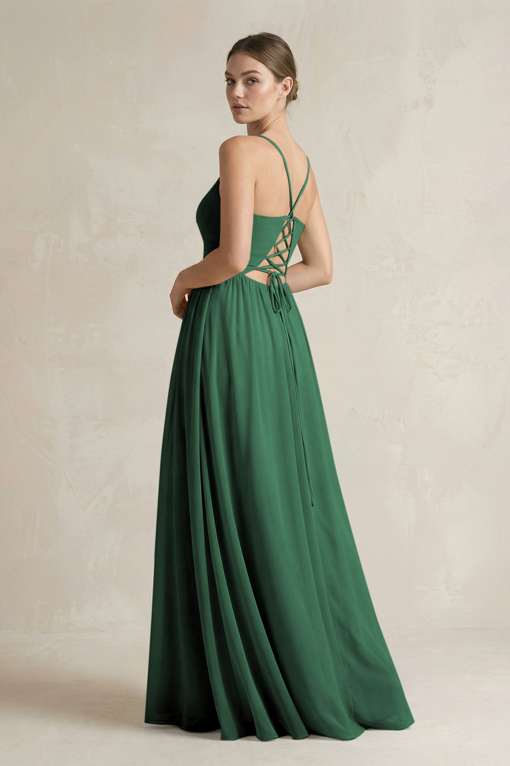 A-Line Spaghetti Strap Chiffon Bridesmaid Dress in Dark Green