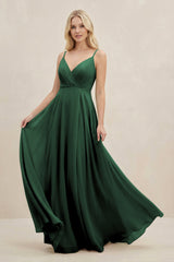 Dark Green A-Line Spaghetti Strap Chiffon Bridesmaid Dress | KISSBRIDAL