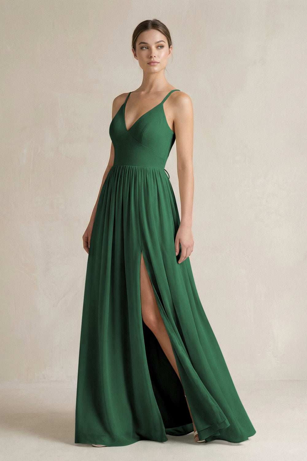 A-Line Spaghetti Strap Chiffon Bridesmaid Dress in Dark Green