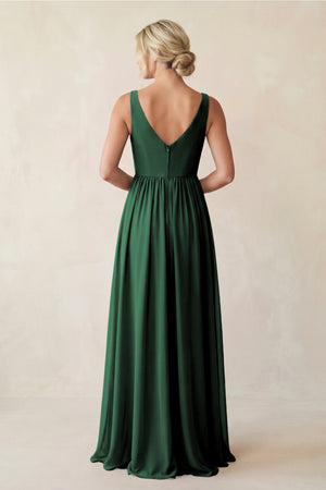Dark Green A-Line V-Neck Pleated Chiffon Bridesmaid Dress (2) | KISSBRIDAL