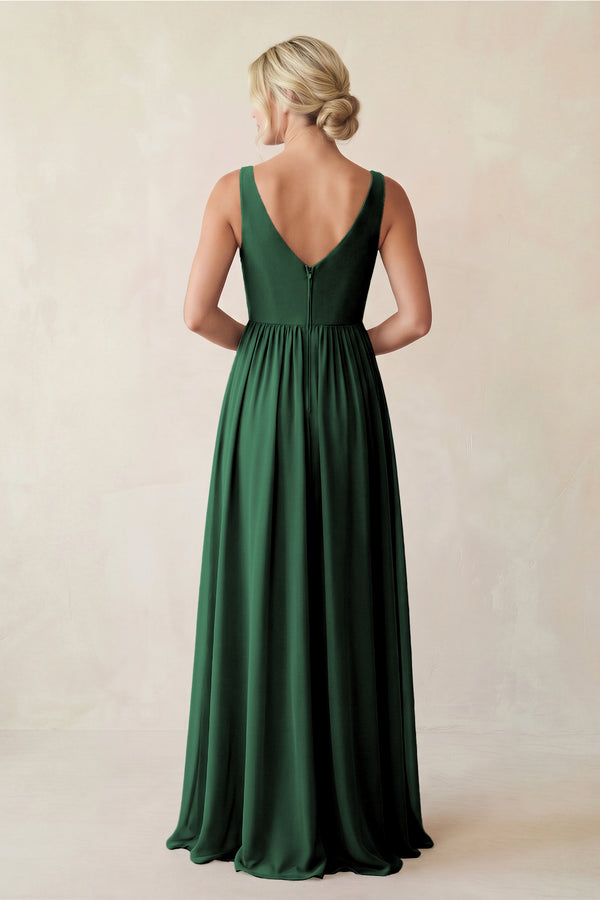 Dark Green A-Line V-Neck Pleated Chiffon Bridesmaid Dress (2) | KISSBRIDAL