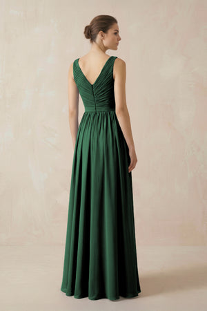 Dark Green A-Line V-Neck Pleated Chiffon Bridesmaid Dress (2) | KISSBRIDAL