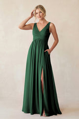 Dark Green A-Line V-Neck Pleated Chiffon Bridesmaid Dress | KISSBRIDAL