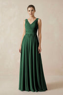 Dark Green A-Line V-Neck Pleated Chiffon Bridesmaid Dress | KISSBRIDAL