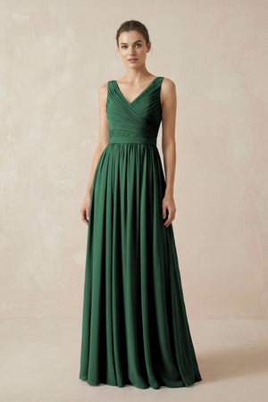 Dark Green A-Line V-Neck Pleated Chiffon Bridesmaid Dress | KISSBRIDAL