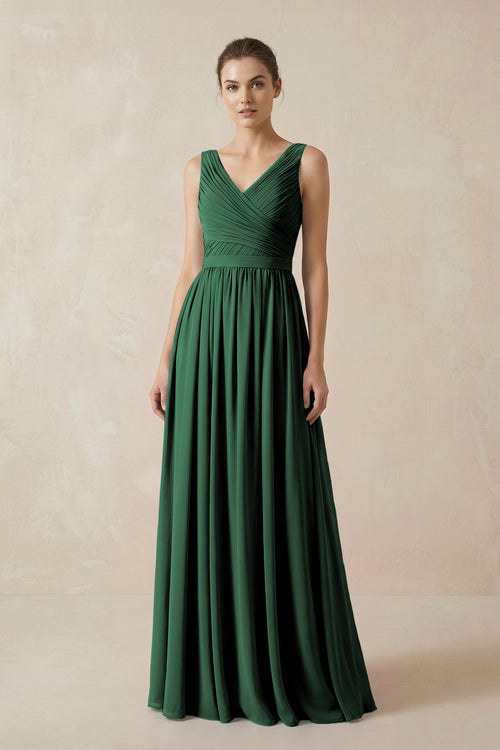 Dark Green A-Line V-Neck Pleated Chiffon Bridesmaid Dress | KISSBRIDAL