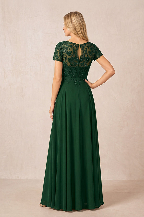 Dark Green Boat Neck Chiffon A-Line Embroidered Mother of the Bride Dress with Sleeves (2) | KISSBRIDAL