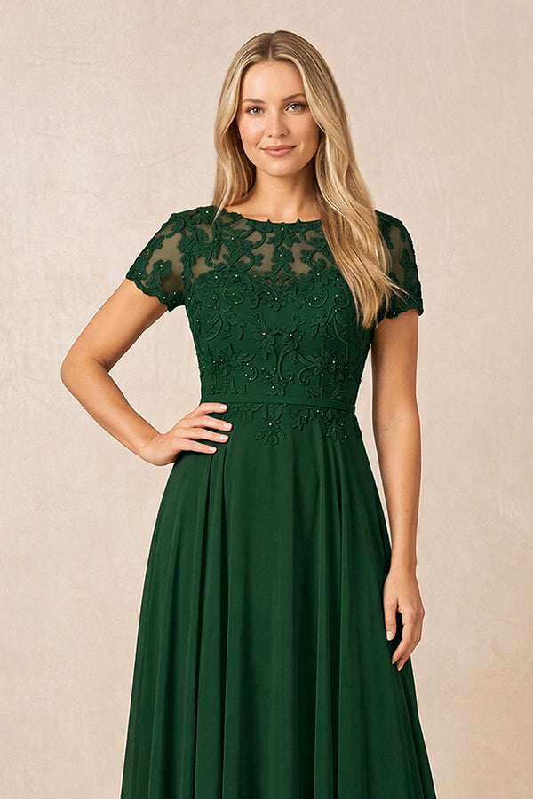 Dark Green Boat Neck Chiffon A-Line Embroidered Mother of the Bride Dress with Sleeves (3) | KISSBRIDAL