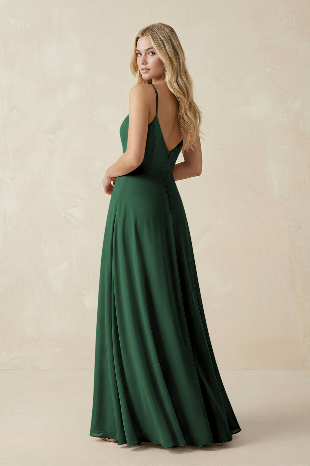 Cami Strap A-Line Chiffon Bridesmaid Dress with Slit in Dark Green