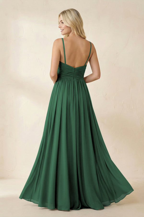 Dark Green Cami Strap Chiffon A-Line Bridesmaid Dress with Slit (2) | KISSBRIDAL
