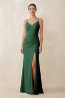 Dark Green Cami Strap Chiffon Sheath Bridesmaid Gown | KISSBRIDAL