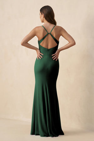 Dark Green Cami Strap Sheath Chiffon Bridesmaid Dress with Slit (2) | KISSBRIDAL