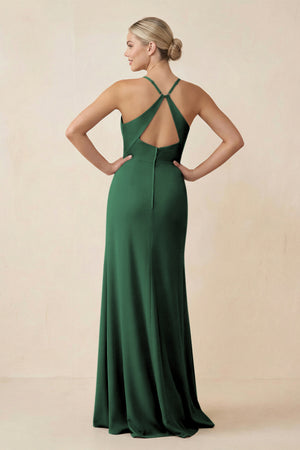 Dark Green Cami Strap Sheath Ruched Bridesmaid Dress With Slit (2) | KISSBRIDAL
