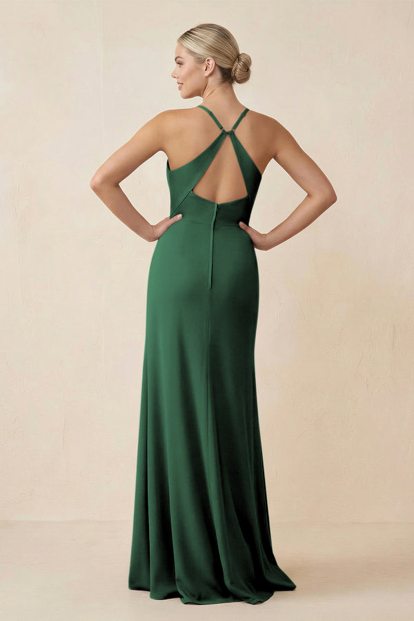 Dark Green Cami Strap Sheath Ruched Bridesmaid Dress With Slit (2) | KISSBRIDAL