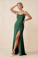 Dark Green Cami Strap Sheath Ruched Bridesmaid Dress With Slit | KISSBRIDAL