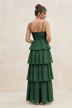 Dark Green Cami Strap Tiered A-Line Chiffon Bridesmaid Dress (2) | KISSBRIDAL